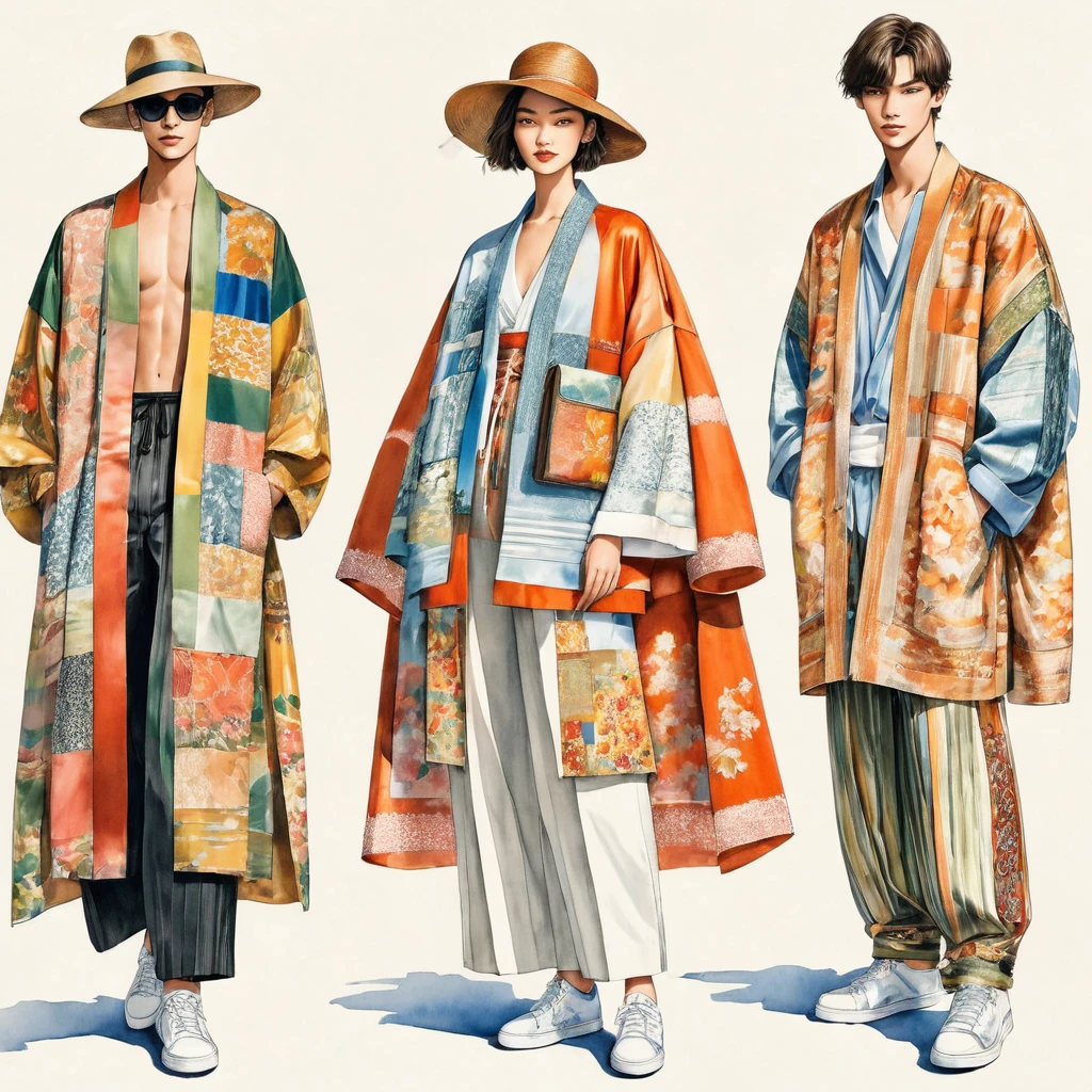 candid fashion illustration a group of young 2man and 1girl, aged 18-23 year old, tall and slender, Mixed race male super model, ((showcase fashionable Lenin outfits inspired by designer Dris Van Noten spring collection 2024)), in elegant and modern style of ((patchwork or collage of E-co print mixed with Metallic color fabric and ethnic cloth)). The 1st man wears an oversized shirt with embroidery and lace details, paired with slim-fit Pants. The 2nd man complements him in a shirt decorate with lace and an oversized Yukata Jacket, ethnic woven details, paired with big striped Drawstring short. a woman wears patchwork long silk dress style, (all completes the look with white sneakers, an accessorizes with a wide-brimmed straw hat, sunglass. Captured in a ((full-body image)), simple model pose, ((simple water-color paint on white paper background)), realistic pencil lines, imperfect drawing, charcoal lines detail, fading sketch, fashion Sketching, low angle view, (full body image), Dris Van Noten