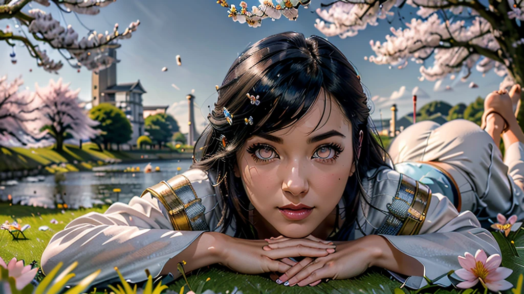 H1N4T4, 1 girl, hyuuga hinata, standing alone, (realisitic:0.5), work of art, standing alone, (best qualityer, perfect detailed, beautifully detailed Face, detailed eyes), shining bright, ray tracing, DOF, HDR, gradient eyes, sharp eyelash, ((eyelash)), mascara, detail_Face, eyelash, shiny hair, flerting, seductive ssmile, parted lips, breasts big, (soft particles floating:1.1), ((looking ahead at viewer)), (playmate pose:1.1), (whole body:1.1), ((8 k wallpaper)), ((high resolution)), long hair, Bblack hair, eye white, (pants:1.2), hand on hip, bangss, whole body, standing, Blurry, looking ahead at viewer,langeri sexy, ssmile, (grass field:1.4), (tree:1.2), (cherry blossom flower:1.3), (blue sky:1.3), (floor),