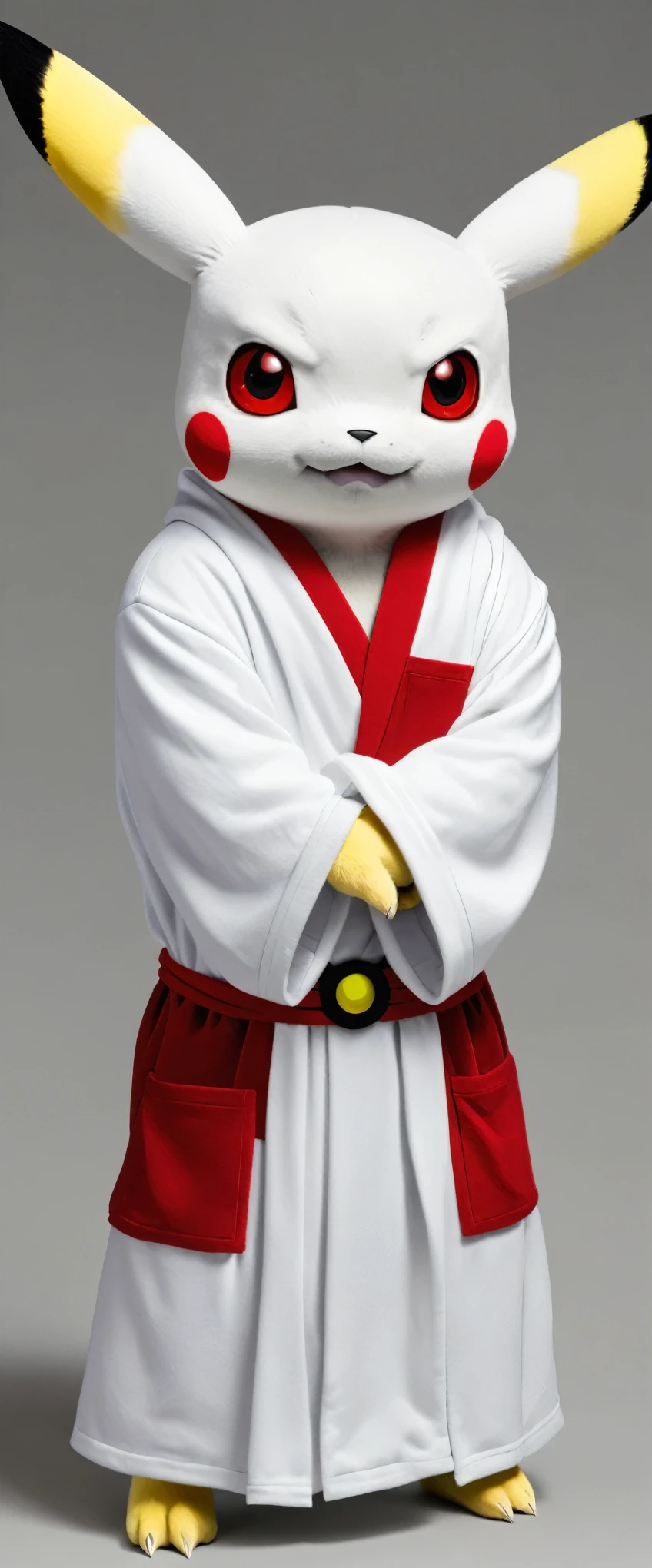 White Pikachu wearing a red and black robe with red eyes