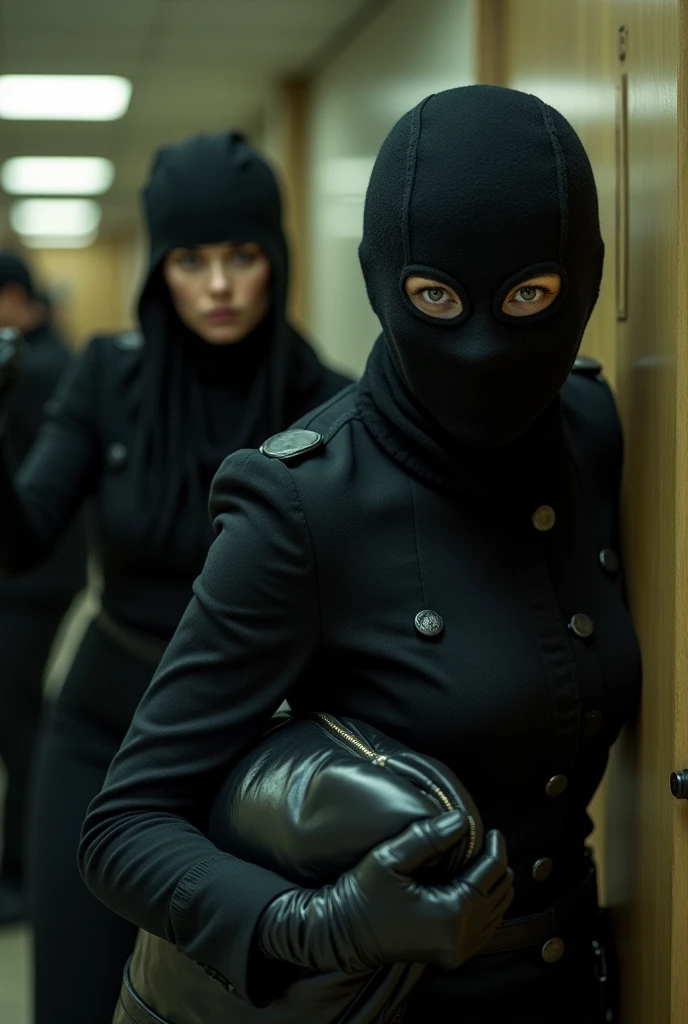 scarlett johansson et natalie portman qui porte une cagoule avec des trou et qui porte des gants en cuir et qui fait un braquage dans une banque avec un sac et un pistolet et quei vide la vitiride