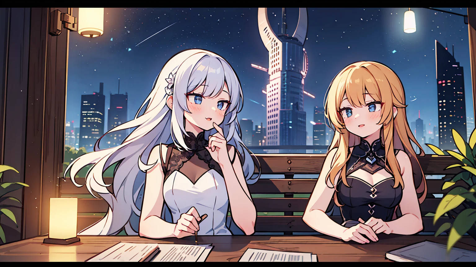 (masterpiece, best quality),2 women, different hair colors, different faces,letterboxed, perfection of fashion,Burton lips, sleeveless,dress,upper body, side,park bench with lake,Sitting on a chair and talking,Night view of Dubai Tower