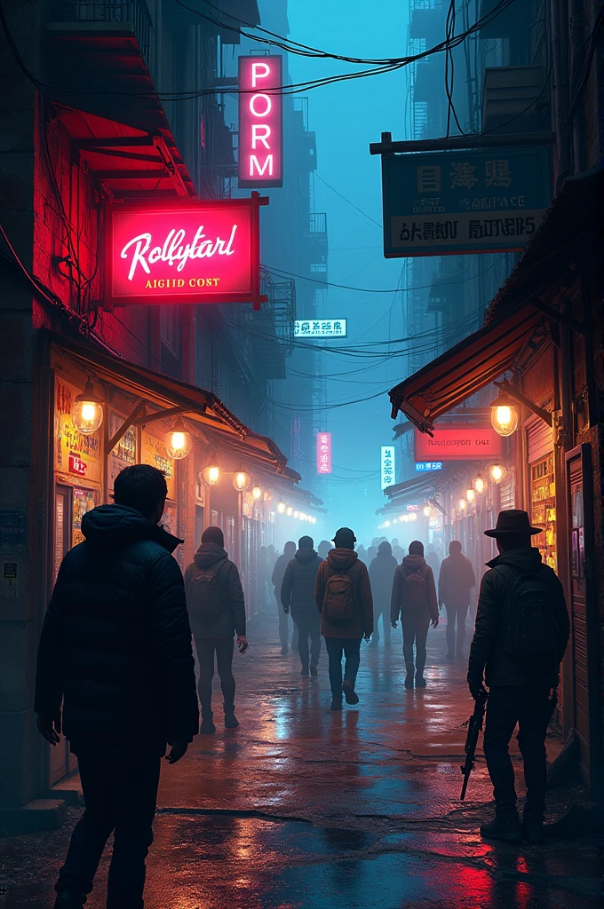 cyberpunk alley, thugs, hackers, fair, canons, music