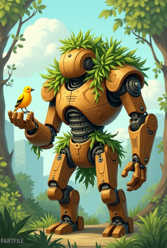 Warforged druid robust wooden rounded esges mech robot with flora on his shoulders and a yellow bird resting in his hand, he is gentle and conected to nature no and resembles the iron gieny in a way with no hair in the style of flat 2 dimensional disney art style