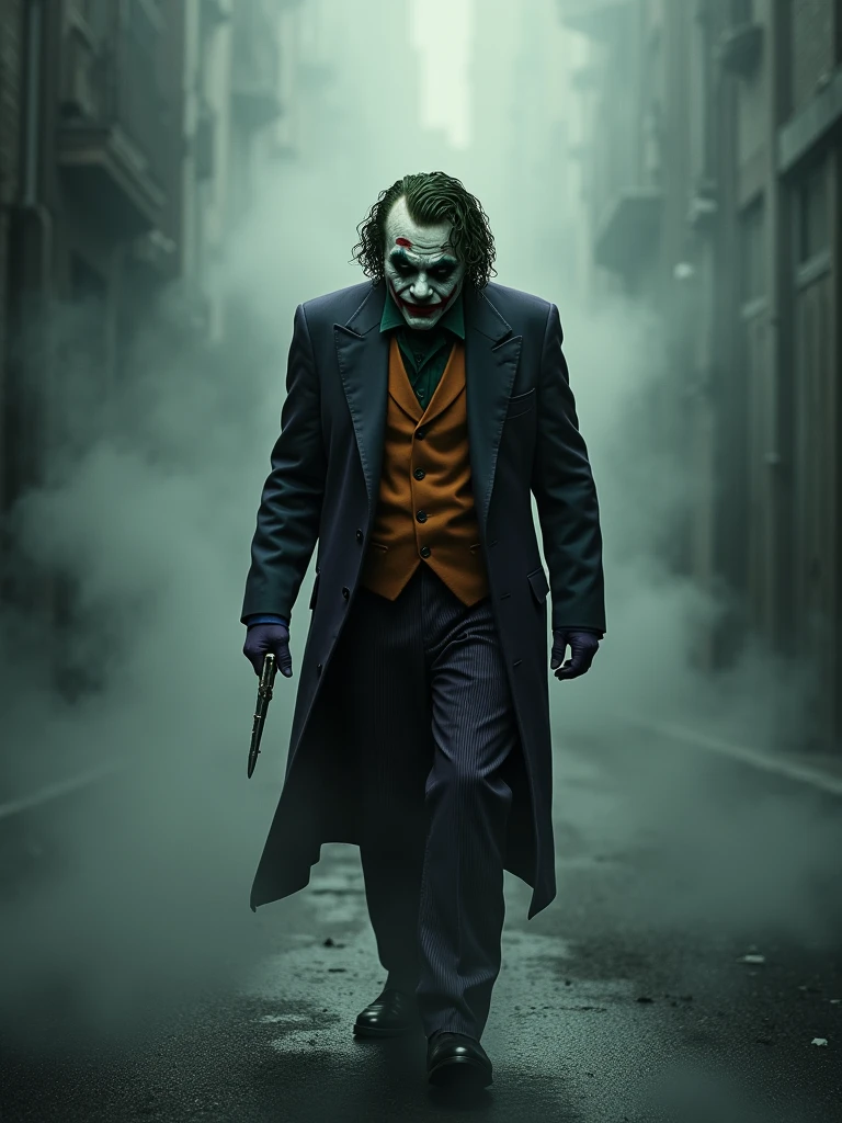 joker sad walking,sad theme, background smoke, real joker realistic,Arthur fleck