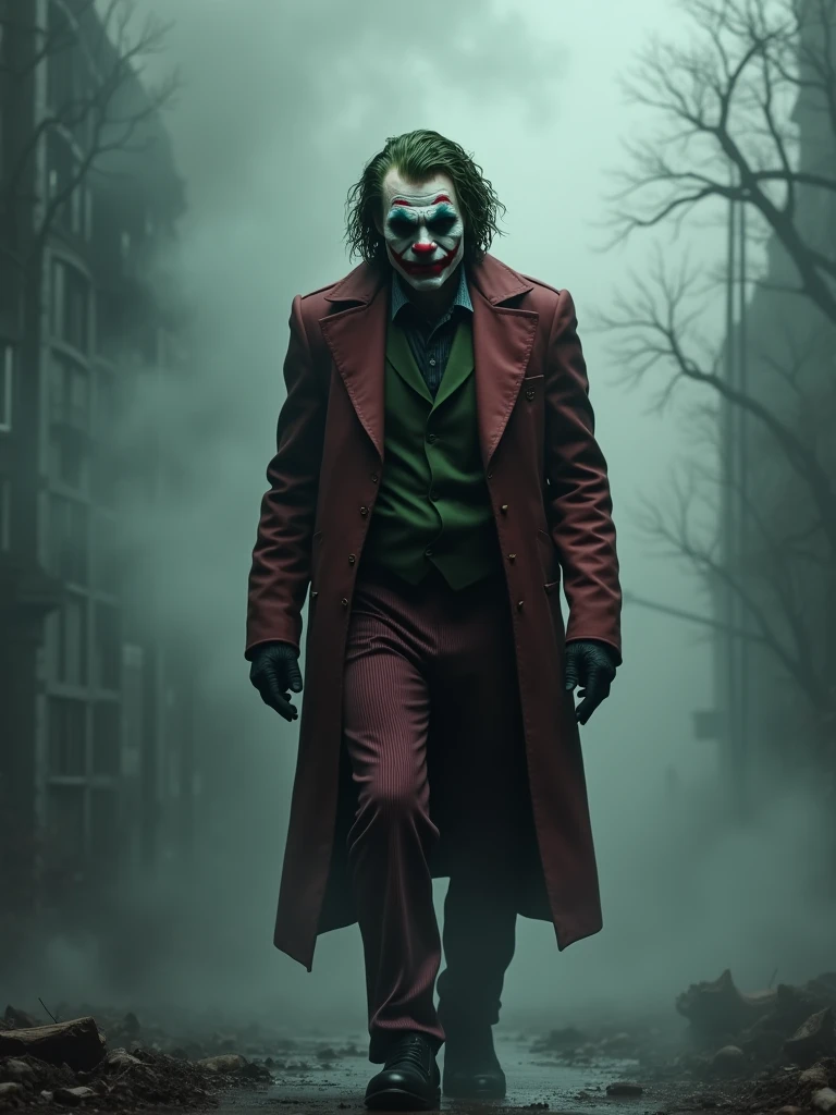 joker sad walking,sad theme, background smoke, real joker realistic,Arthur fleck