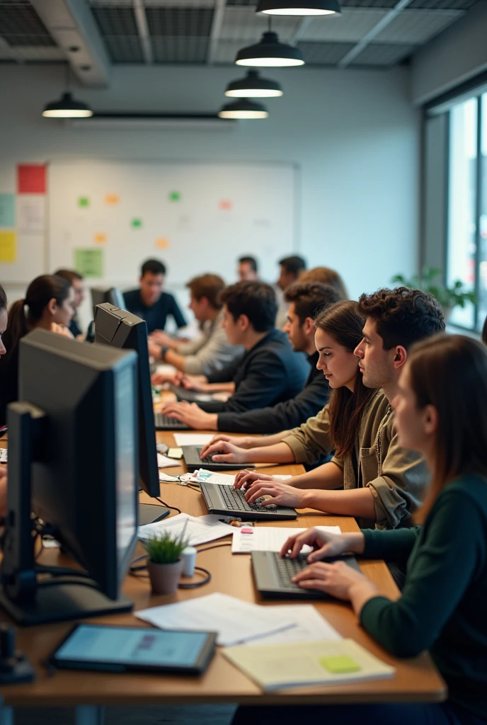 group of students gathered in a university workshop, working on their computers and whiteboards. Students are shown developing key messages for their media literacy campaign.