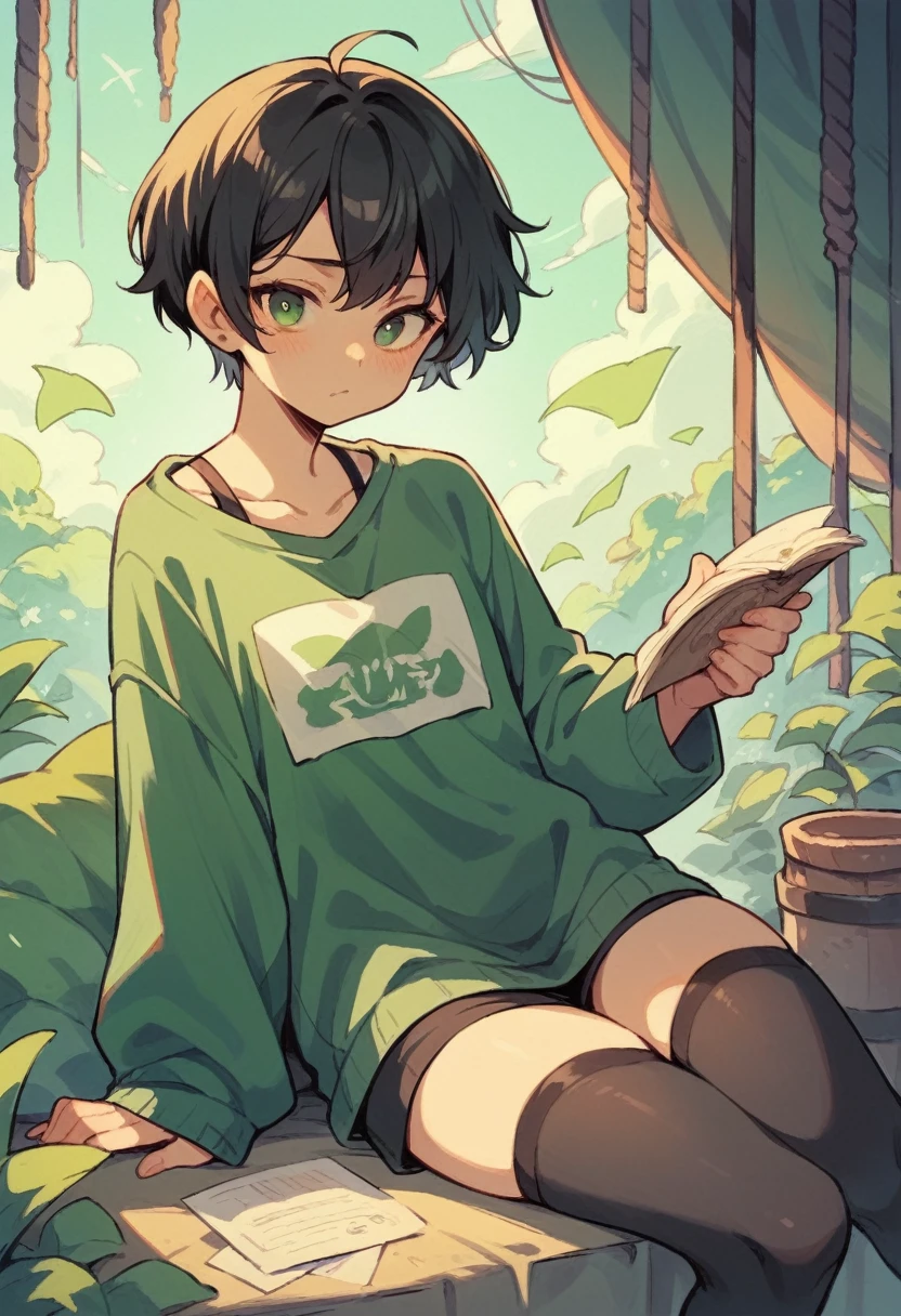 short black hair,green