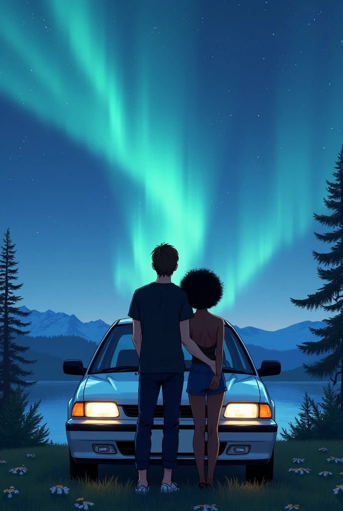 Couple leaning against a white 1995 Honda Civic coupe, envisioning a beautiful landscape. The husband is white, has 1.73 tall and weighs 63kg. He has straight, dark brown hair., light brown eyes and black loose shirt. The woman is black, has 1.59 tall and weighs 46kg. Ela tem black power. Japanese anime style photo. The woman is black!!! BLACK WOMAN WITH CURLY HAIR AND AURORA NORTHERN LIGHTS