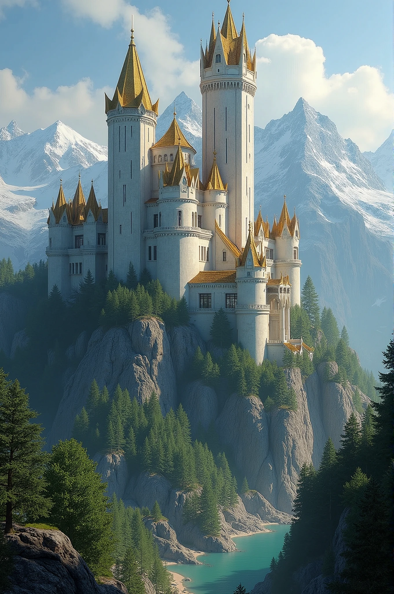 The castle of Olórin, Inspired by Tolkien&#39;s Middle Earth, It is located on the top of a snowy mountain, Surrounded by forests and enchanted gardens. Its architecture combines elven and dwarven elements., with slender white marble towers and gilded roofs. inside, The Great Hall is welcoming and majestic, with a vaulted ceiling and shelves filled with old books.

A special tower is dedicated to meditation and research, while a hidden camera protects powerful objects. The Back Garden, Inspired by Lórien, It is a sacred and peaceful space, ideal for reflection. The design reflects the wisdom and power of Olórin, with a deep connection to the history and nature of Middle Earth.