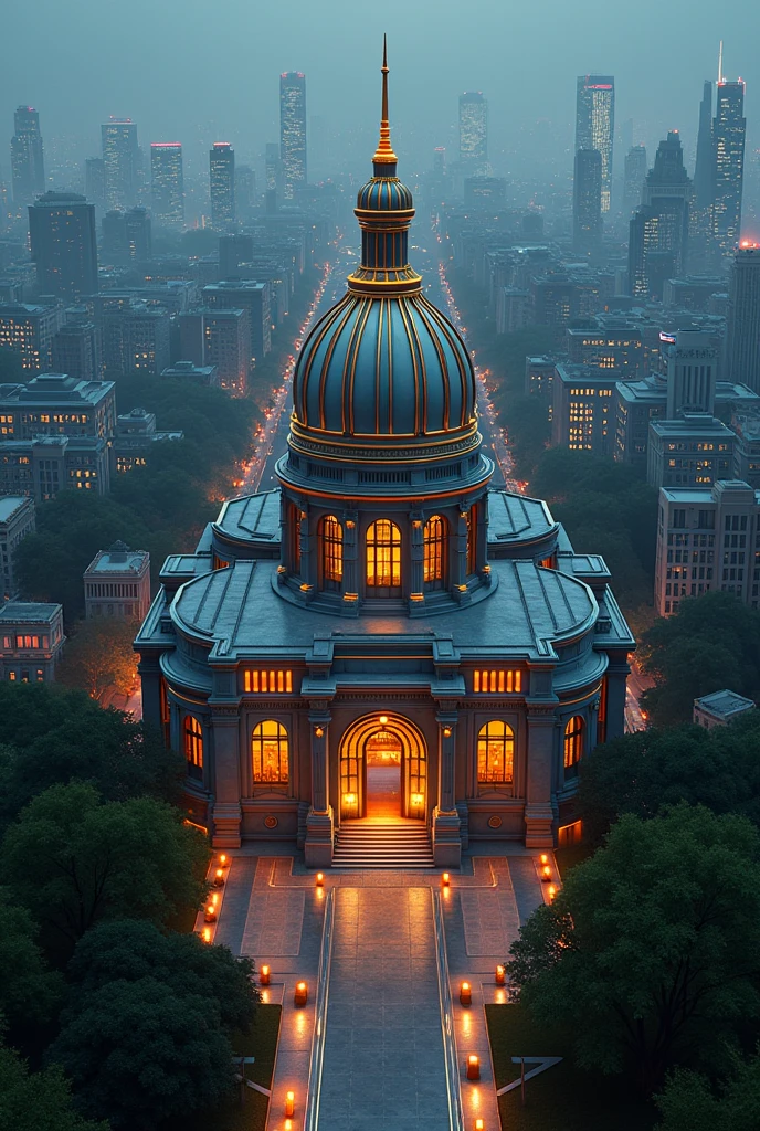 capital building, city hall, city centre, multiple buildings, birdseye view ,art deco design,streamline moderne,futuristic architecture, Abstraction,modern style,Luxury and Luxury,Future night view,Futuristic decorative elements,Metallic,number line,sci-fi lamp,Virtual Engine,Unreal rendering, neon lights, greenery,