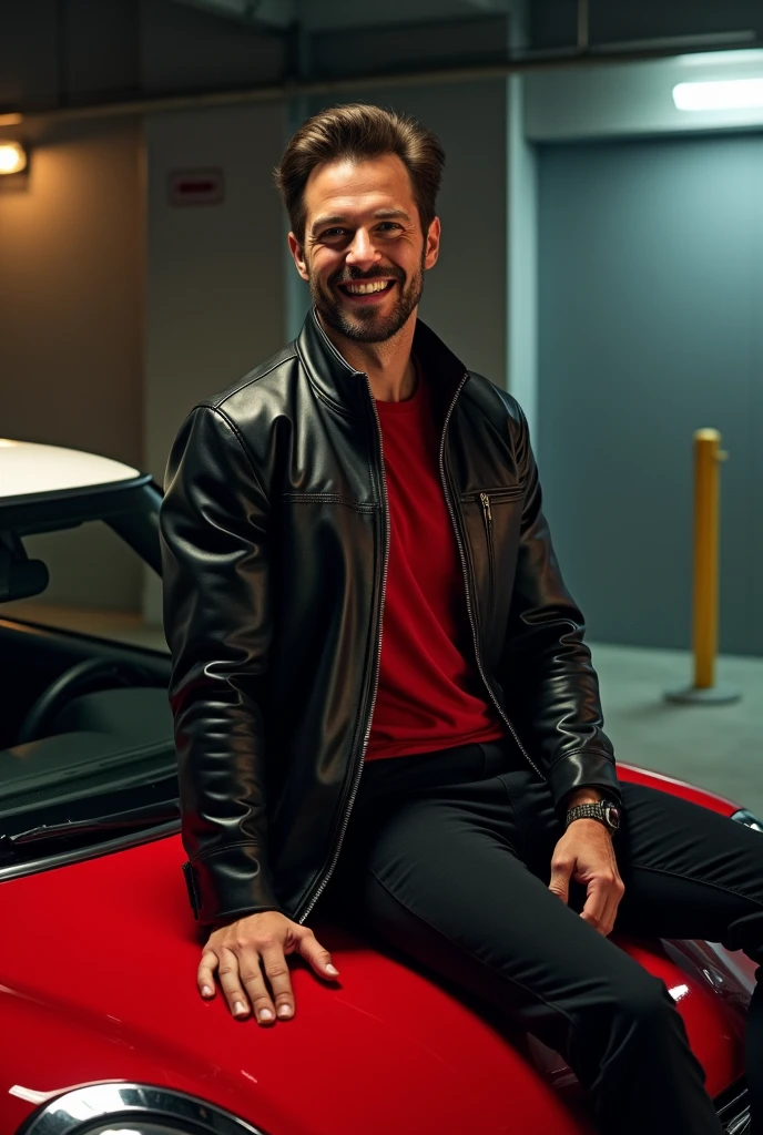 A man sitting on the hood of a red Mini Cooper and smiling, black leather jacket, red dress shirt, black pants,, super realism, super photorealistic, cinematic lighting, Artwork inspired by Mark Wahlberg