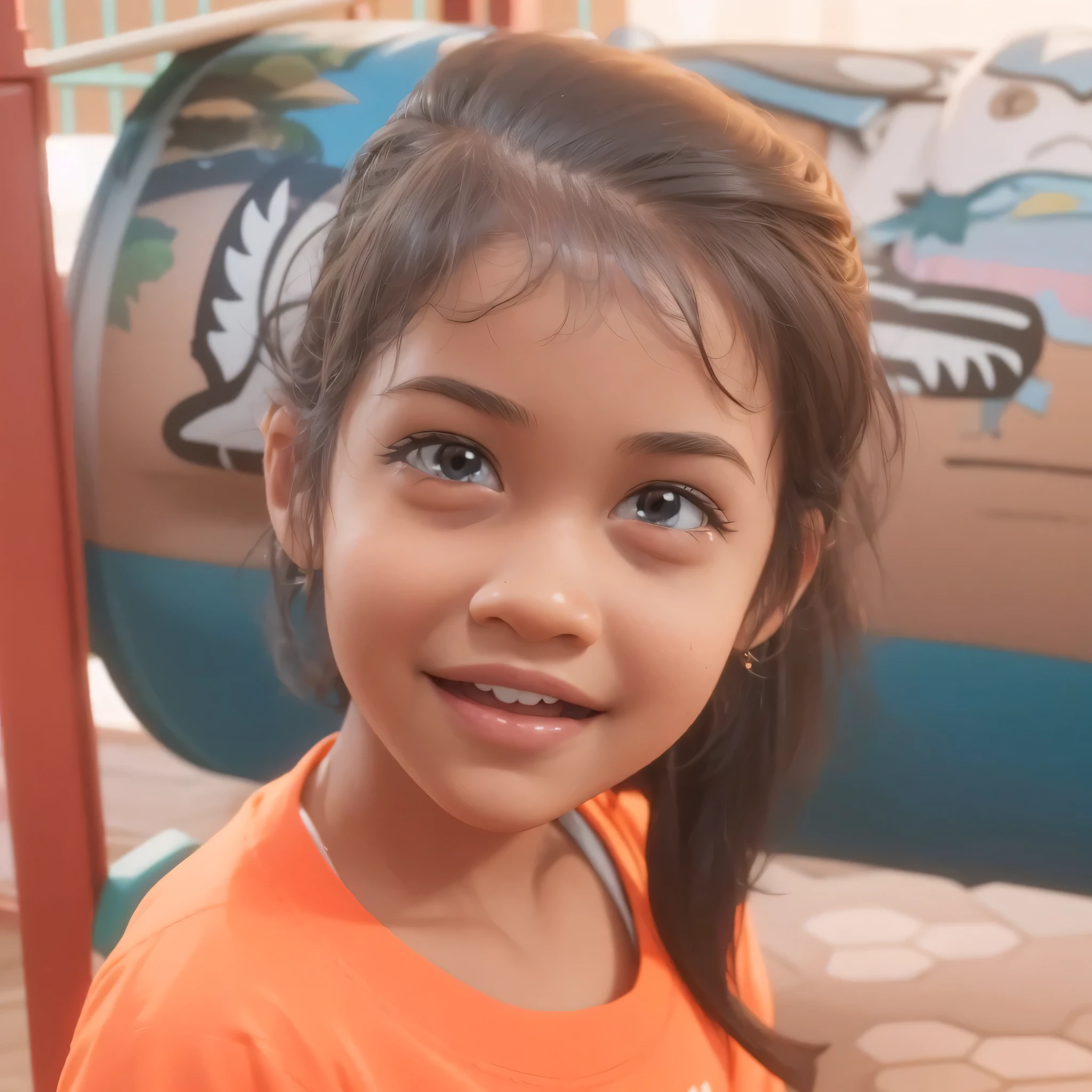 A 5 year old child, smiling, beautiful hair, 3D render, 3D Cartoon, big head, cartoonish look, high resolution, super detail, soft lighting