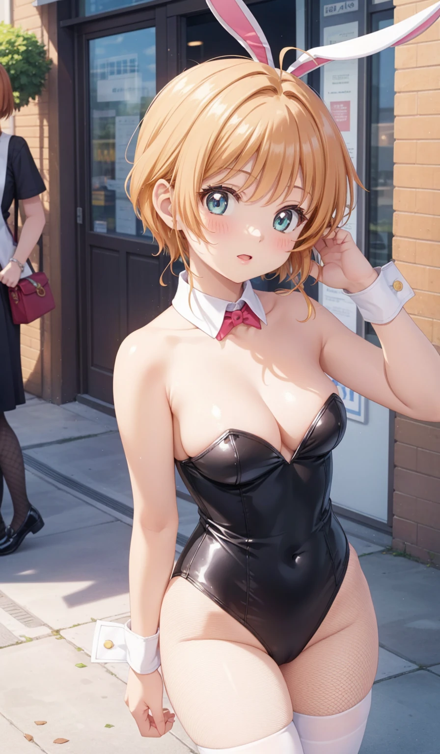 masterpiece, Highest quality, High resolution, (Two Girls), (Multiple Girls), Detailed face, blush, Anime CG style, (Medium chest), (18-year-old girl:1.3), (Old age), Good lighting, Perfect body, Sakura Kinomoto, Glossy Lips, City Street, strapless leotard, Detachable collar, Wrist cuff, (White fishnet stockings), Bunny ears, (Curvy)