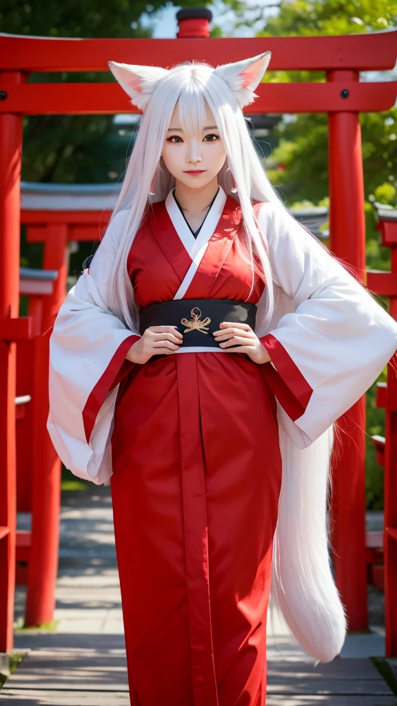 White Demon Fox、Nine-tailed Fox、Japanese women、kimono、Fair skin、Red lines on face、8K、I have long hair、Shrine grounds、red torii、night
