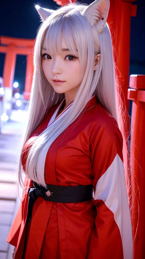 White Demon Fox、Nine-tailed Fox、Japanese women、kimono、Fair skin、Red lines on face、8K、I have long hair、Shrine grounds、red torii、night