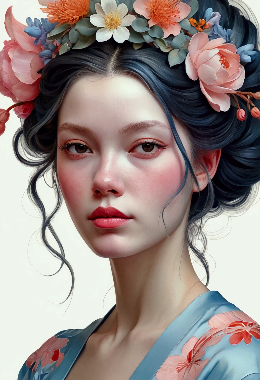 a close up of a woman with flowers in her hair, digital art inspired by James Jean, mixing realism and watercolor, trends in cg society, fantasy art, exquisite digital illustration, beautiful digital art, beautiful digital painting, lois van rossdraws, artgerm and james jean, beautiful digital painting, beautiful digital art, with watercolored edges, Karol behind uhd