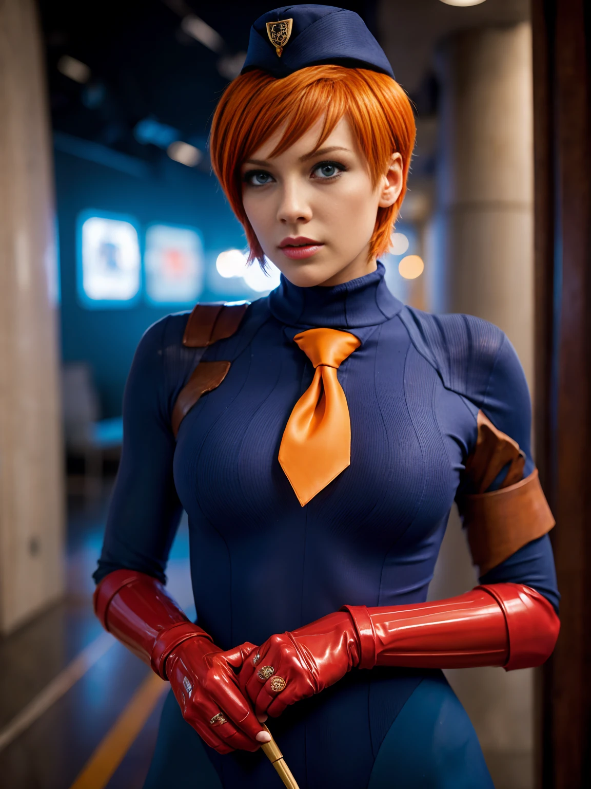 sfJuni, orange hair, short hair, blue eyes, hat, necktie, gloves, ribbed bodysuit