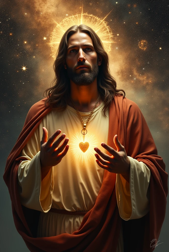 (photorealism:1.2), handsome Jesus Christ with tears focus in his face in the galaxy, wearing brown king clothes with light in his head and heart spreading all over in the galaxy, perfect eyes tears, perfect Jesus Christ, real Jesus Christ, perfect five hands, perfect crying face, elegant, soft lighting, many stars, stand straight, realistic, intricate details, warm colors, by Earl Cornelio Necor