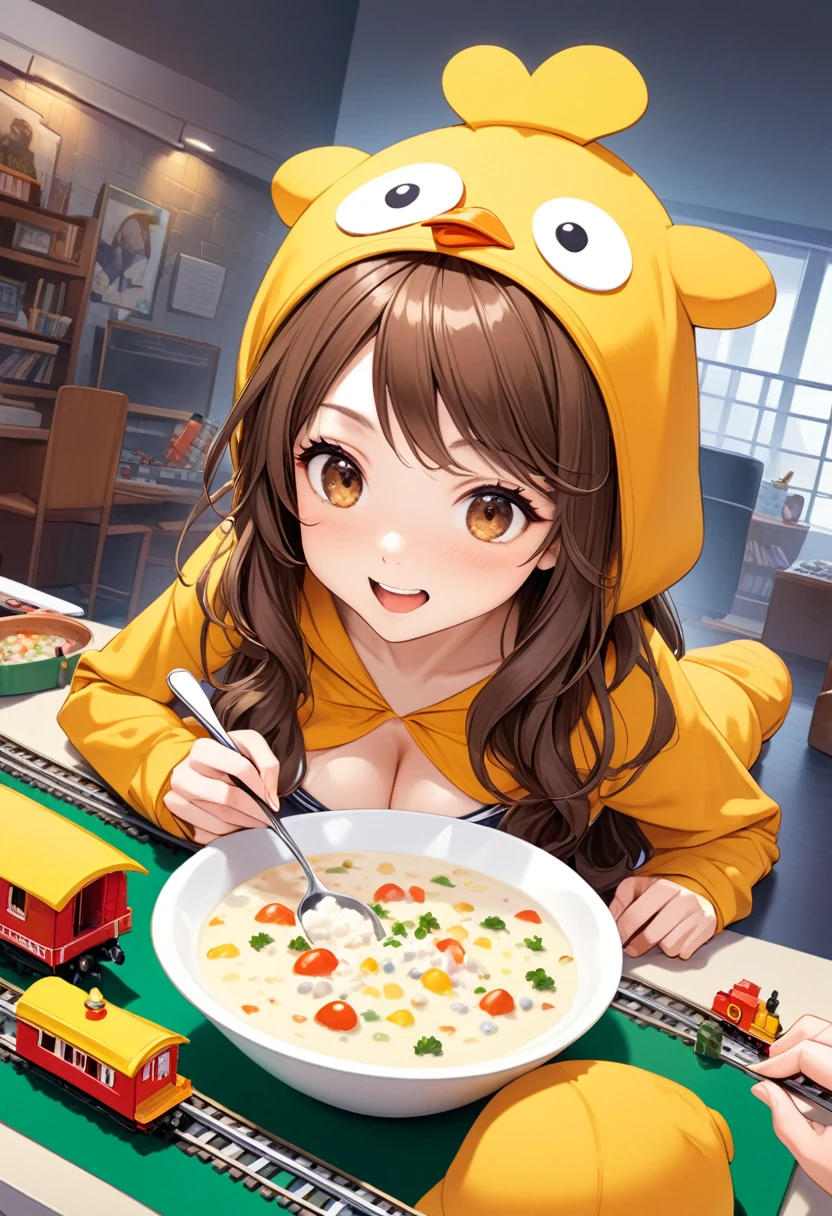 detailed illustration, dynamic angle, ultra-detailed, illustration, 1girl, 18 year old, school girl, wavy brown hair, long hair, bright brown eyes, cleavage, medium breasts, chicken costume, model trains, 1 small bowl of chowder, narrowed eyes, sexy smile