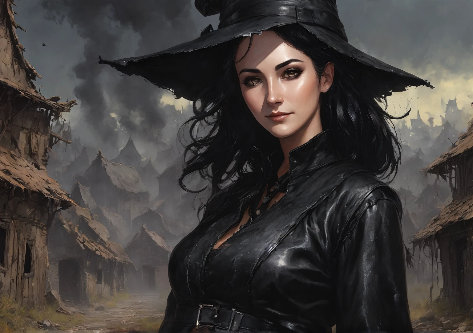 a one woman, caucasiano, Almond-colored eyes, arched eyebrow, oval face, smiling, Bblack hair, Witch of the Black Mist, profile view, black detailed leather clothing, dark energy around, background of an abandoned and destroyed village