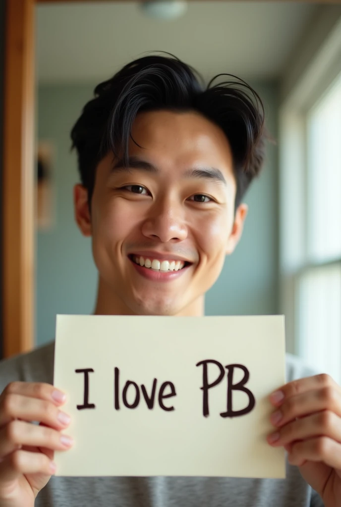 Cute asian guy holding a paper that says I love PB mirror selfie