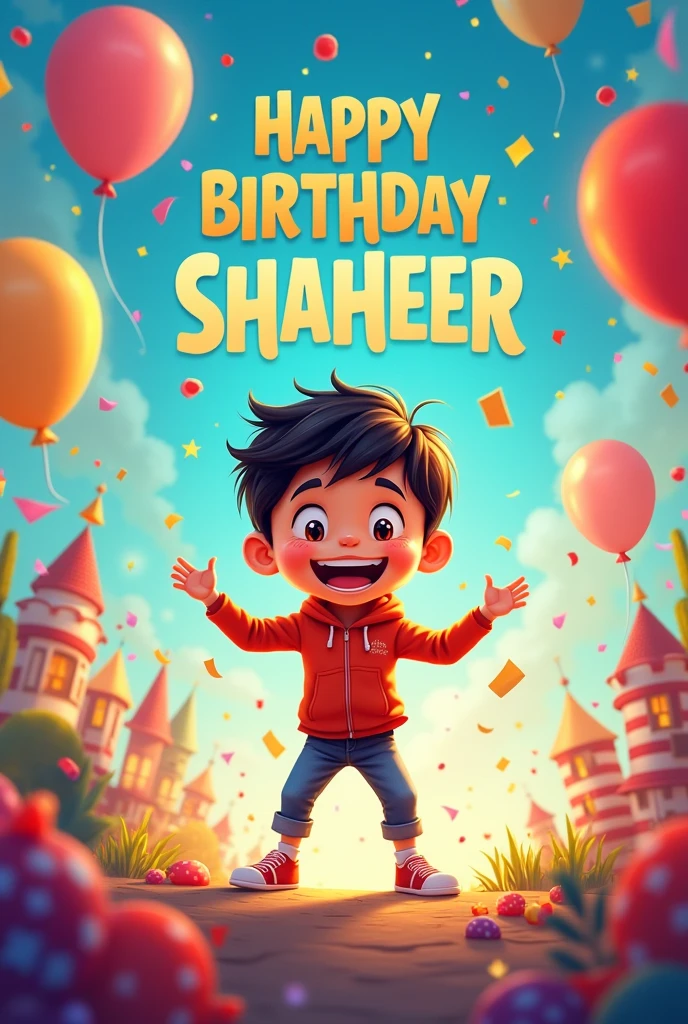 Happy' birthday shaheer picture generate. Make it creative for a boy. Write Happy birthday shaheer on the Post