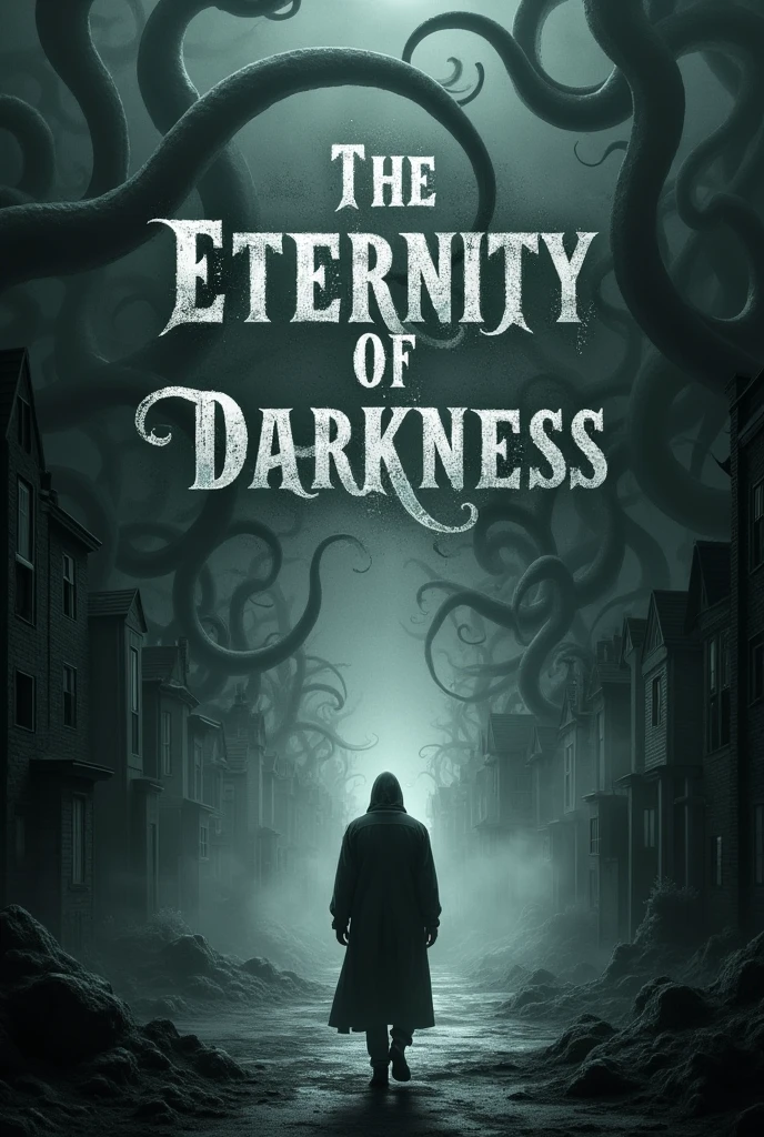 Generates a style image **dark surrealism** de una portada para un libro titulado The Eternity of Darkness. The image shows a distorted city called Ravenswood, where buildings twist and curve unnaturally, as if they were alive. The sky is a dark abyss, deep, with tentacle-shaped clouds that seem to reach the earth. In the middle, A lonely figure appears, Elliot, With your back to the viewer, walking towards the darkness that surrounds him. Title "The Eternity of Darkness" It's in big, distorted letters, with a fountain that seems to disintegrate. The background is almost black, with fading grey and white details, conveying a sense of unease and terror.
