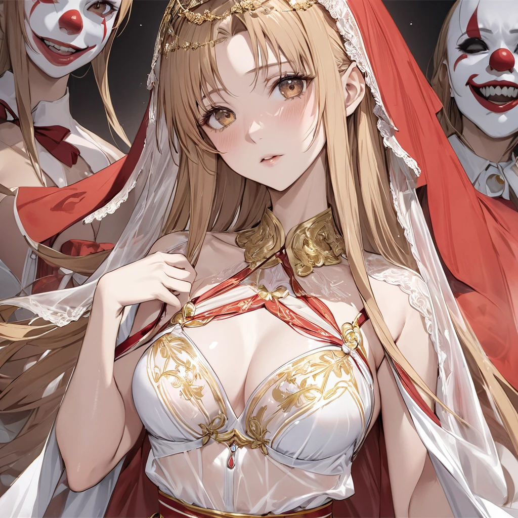 ((Highest quality)), ((masterpiece)), (detailed), （Perfect Face）、The woman has completely white skin and is wearing a creepy clown mask.、The woman is Yuuki Asuna, with light brown, medium-long hair, wearing a completely transparent outfit with gorgeous gold embroidery and trim, a veil, a transparent cape, and gorgeous accessories.、The woman is not wearing a bra、The woman is not wearing underwear