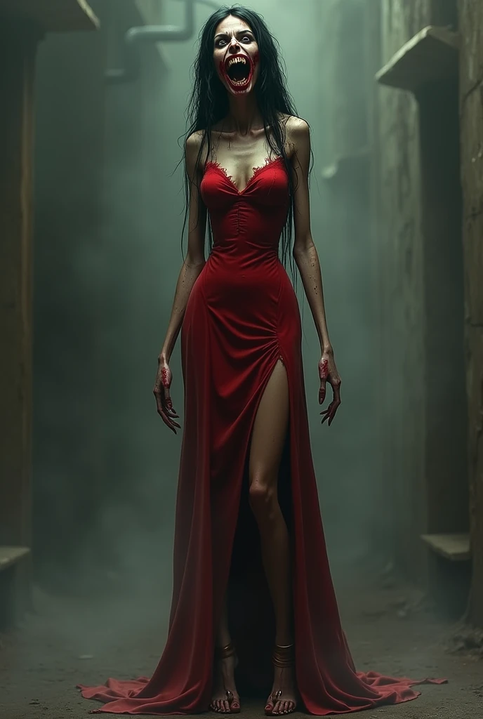 Dramatic, grittiness, intense:1.4),Masterpiece, Best quality, 32K crazy details, Intricate details, ultra - detailed, hyper qualit, High detail, Ultra detailed, Masterpiece, (full bodyesbian:1.5), Redness of the eyes，Full body shot from head to toe， Extremely high, slender sexy girl in red dress in front of white eyes, Extra-long hair fell to the ground，huge tit，fat hips，Long legs，Chinese shoes，Unreal background, Smoke and mist, It seems that something is coming out. Chinese Taoist ghost legends inspire horror, Chinese horror doll core, Dark purple and light blue, The reality of chiaroscuro is exaggerated, Works influenced by Japanism, Hidden core Junji Ito, Miho Hirano, Ilya Kuvshinov, 张艺谋 in the mood of, Thick paintings, Oil paintings, Ink painting Movie textures, Top view, an extreme closeup shot, Realistic 3D, Ultra detailed. blender, C4D, High detail, high resolution,full body shot shot。