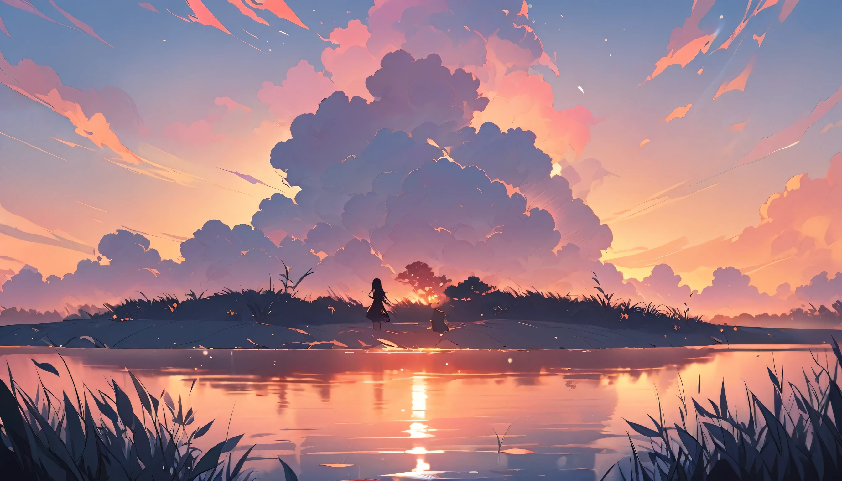 Digital illustration of a peaceful riverbank scene at sunset. Style: clean, modern illustration with a touch of whimsy. The foreground features delicate 'co may' flowers (Vietnamese fluffy grass) swaying in a gentle breeze. A calm river reflects warm sunset hues of orange and pink. Soft, dreamy lighting bathes the entire scene. Use a harmonious color palette emphasizing pastels and warm tones. Incorporate subtle textures and gradient effects for depth. The composition should evoke a sense of tranquility and nostalgia, focusing on the interplay between the fluffy grass flowers, water, and fading daylight. Optional: Include a simple silhouette or suggestion of a figure to add human element without being the main focus."