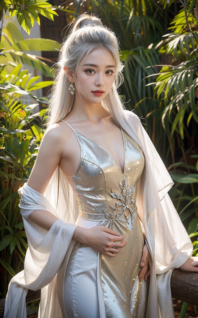 Reality, high resolution, Clear details，1 female, Solitary, Hips up, View Viewer, (Delicate face，Sexy lips), Smiling at the camera，Willow Waist, White hair, Long hair, Kung Fu Clothes, Exquisite fairy costume, Jewelry complex and emotional background，Background blur