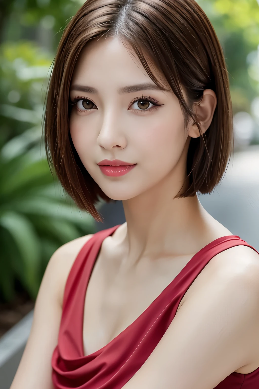 Highest quality, Tabletop, 8k, Best image quality, One Girl, Facing forward, A brightly colored V-neck shirt, Shapely breasts, Waist to upper body shot, Red eyeshadow, Perfect Makeup, Long eyelashes, Ultra HD Shining Eyes, Ultra HD Hair, Ultra High Resolution Glossy Lips, ((Looking at the camera)), Ultra HD cute face, Brown Hair, Very Short Hair, Straight Hair, clavicle, Accurate anatomy, Outdoor, Blurred Background