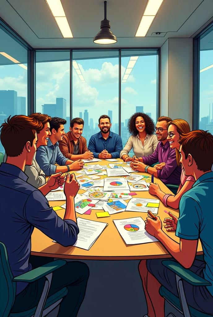 • Comic-style image of a modern conference room with a large table and chairs with people sitting on it • The table is full of papers, Sketches and post-its with written ideas.

• The group collaborating. exchanging ideas and smiling.
