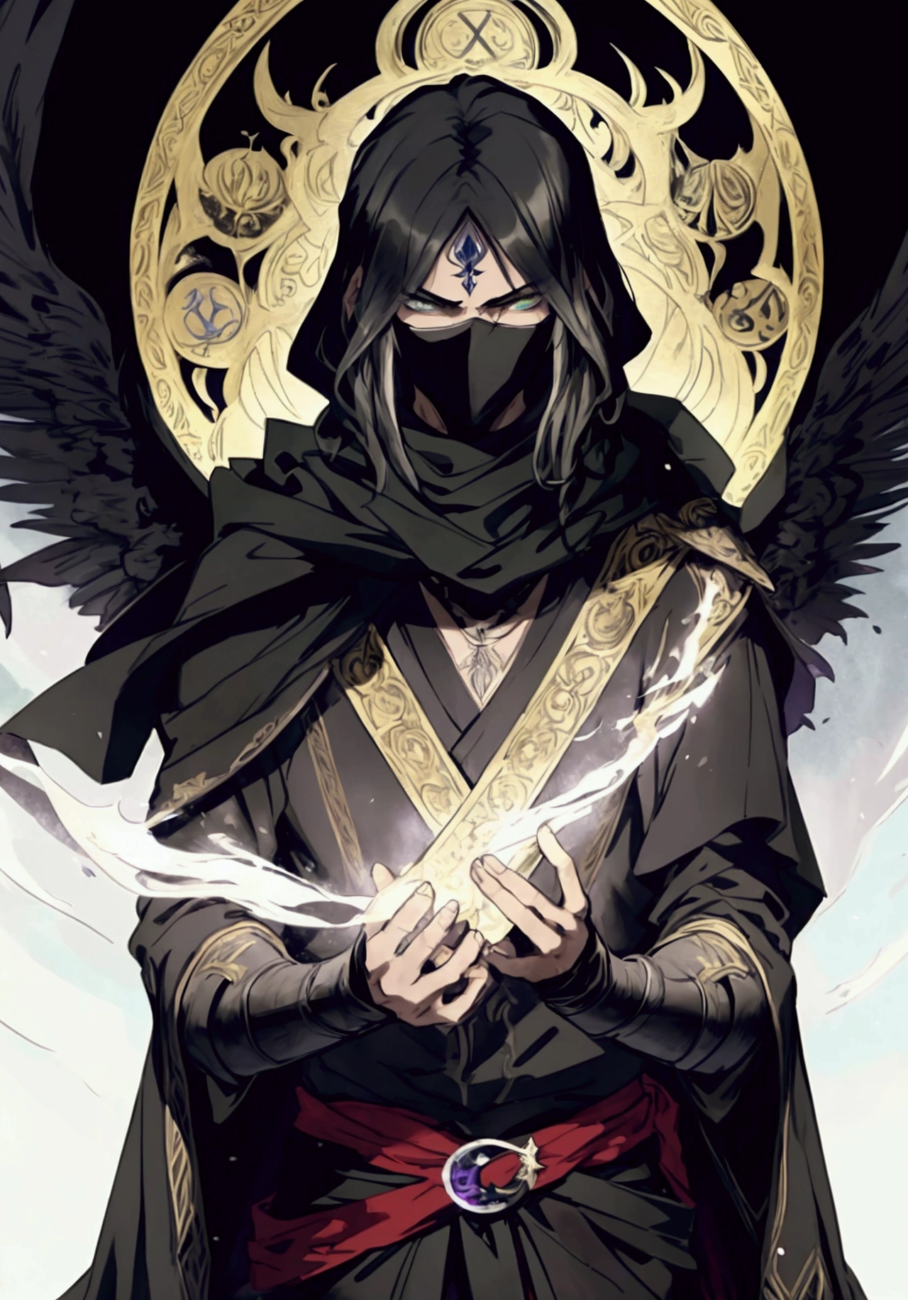 (Masterpiece), ((Highest Quality)),(Official Art),dark epic:1.2),(1 solo anime man: 1.3). A Middle-Eastern assassin man with raven black hair, green eyes, tan skin, and mouth covered with scarf. He wears a white robe, standing inside a dark temple surrounded by fire background. Detailed picture. Detailed eyes. Masculine jaw. Soft fairytale picture Arthur Rackham-style. Colorful, best detailed ((super detailed)), (highly detailed 2D anime man illustration), ((dark and beautiful))