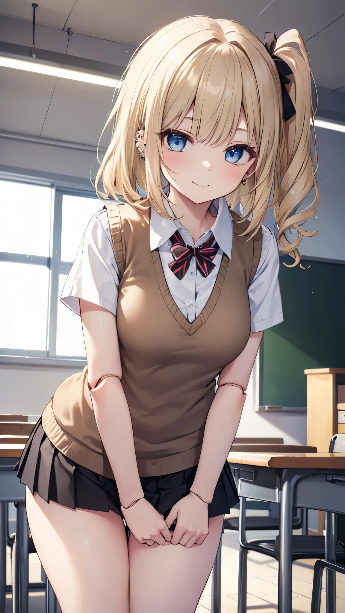 ((masterpiece、Highest quality、Very detailed))、One girl、gyaru、Blonde、side ponytail、Blue eyes、evil smile、((lots of piercing))、Moderate breasts、((White collared shirt))、Short sleeve、((light brown sweater vest))、((Black pleated skirt))、((micro miniskirt))、Thick thighs、((bent over))、Cowboy Shot、((doll joints))、Classroom Background
