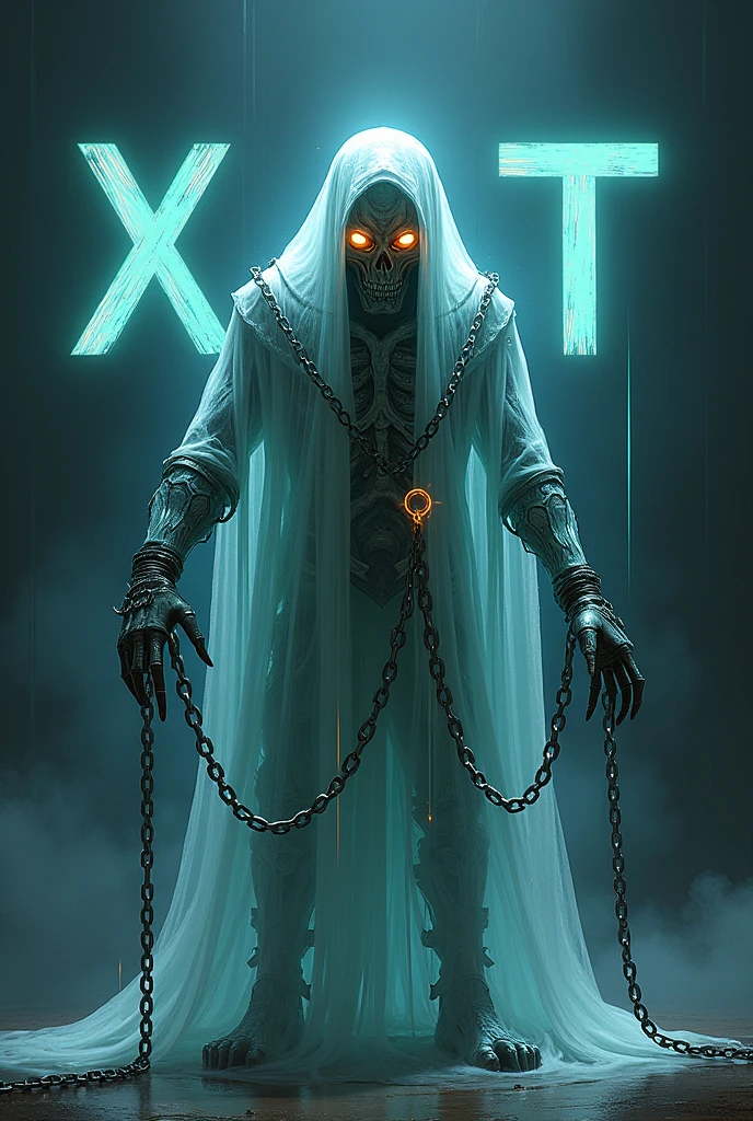 I want some visible letters with the legend : Ðﮒ丨Cod Mobile style bot with a ghost with chains and a skeleton mask and fire eyes