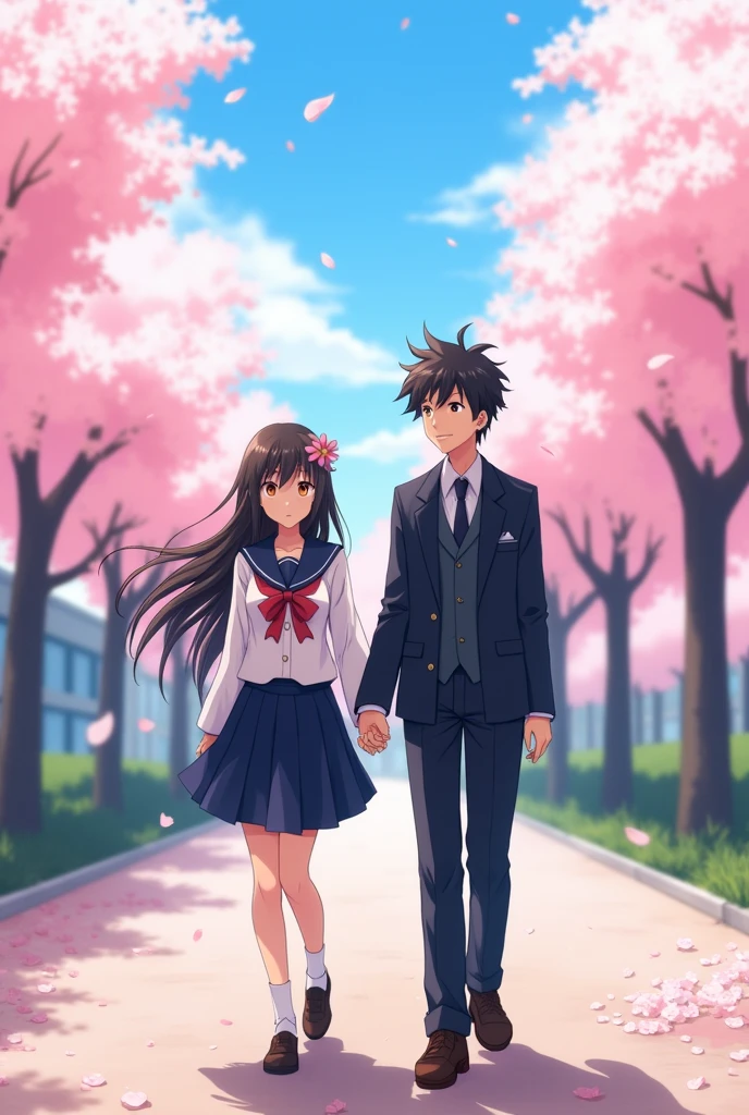 Create an anime-style image featuring a school-going couple. The girl should have long, flowing hair and be wearing a traditional Japanese school uniform with a navy blue skirt and white blouse, while the boy has short, messy hair and is dressed in a matching school uniform with a jacket and tie. They are walking side by side on a cherry blossom-lined path, with soft petals gently falling around them. The girl is slightly blushing, and the boy is smiling warmly, both looking a bit shy yet happy in each other's company. The background shows a clear blue sky and a distant view of their school building."