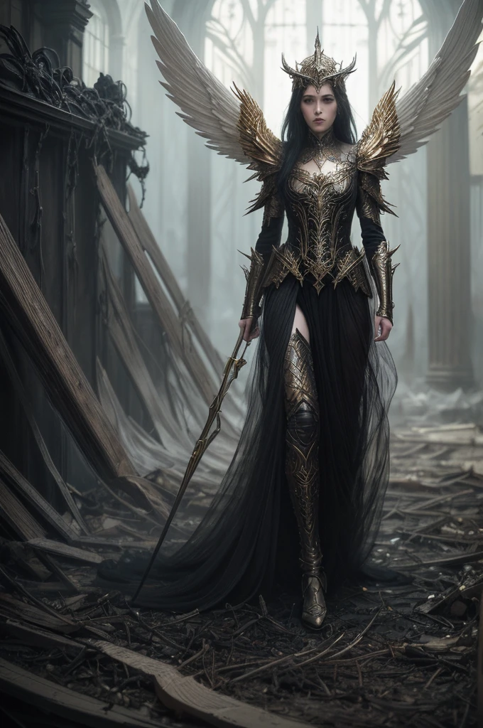 An Angel of the Apocalypse, biblical, dramatic facial expression, walking forward, determined, epic,
style of Karol Bak,
style of Tom Bagshaw,
style of Anne Bachelier,
masterpiece of charcoal drawing