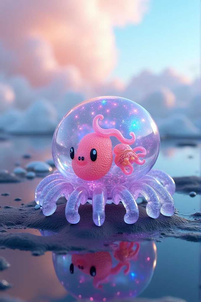 Une Créature Minuscule Arachnoide et Céphalopode TransLucide Kawaï, avec les Organes Coloré et Apparent. Sol Fine et Granuleux ???? Plastique. Ciel Blanc Crème Bleu Pastel Rose Barbapapa. Reflets . Bokey 
