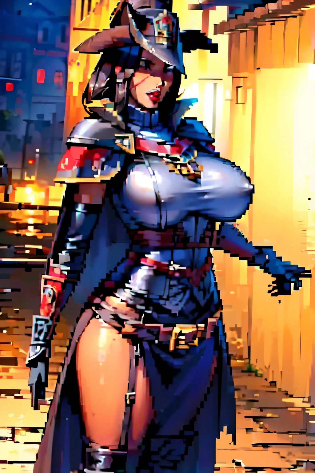 The woman, ((edgBB, black gloves, belt, shelter, torn clothes, Capelet, gauntlets,arms at the sides, forearms, black cape, tricorn, Hunter (transmitted by blood), woman wearing edgBB_attire)), Very detailed, Realistic long-term photography., 4k, by the wide, brown hair, By the chestnut, Red lips,sexy,red lips, brown eyes, big breasts, big breasts, Lucia Auditore