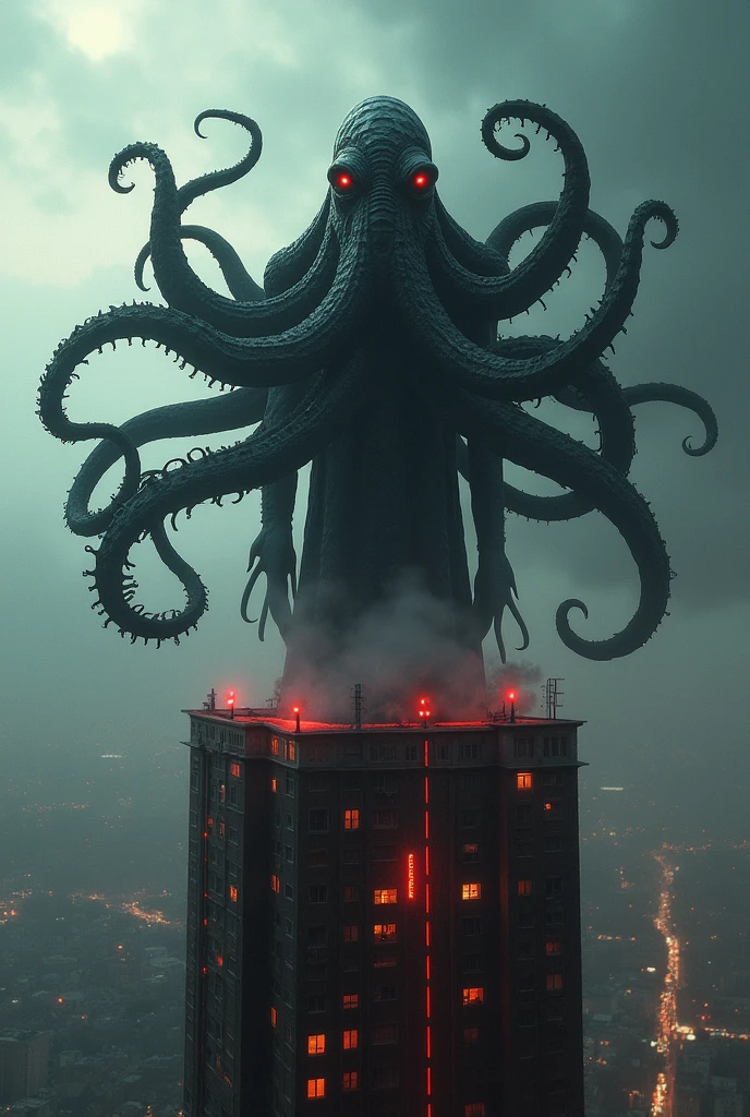(((Cthulhu Mythos))),((Blood,Bloody)),Highest quality, masterpiece, High resolution,Highly detailed CG wallpaper,Modern city,see here,(Stand on top of a tall building),(Black Tentacles),(Blood管),Kessle