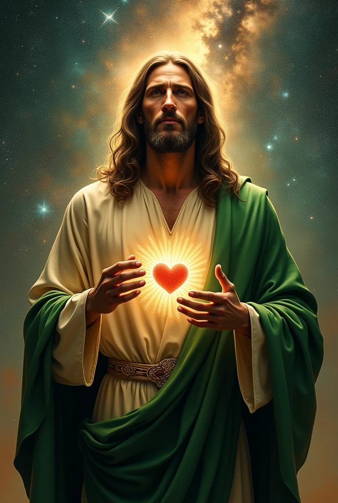(photorealism:1.2), handsome Jesus Christ with tears focus in his face in the galaxy, wearing green king clothes with light in his head and heart spreading all over in the galaxy, perfect eyes tears, perfect Jesus Christ, real Jesus Christ, perfect five hands, perfect crying face, elegant, soft lighting, many stars, stand straight, realistic, intricate details, warm colors, by Earl Cornelio Necor
