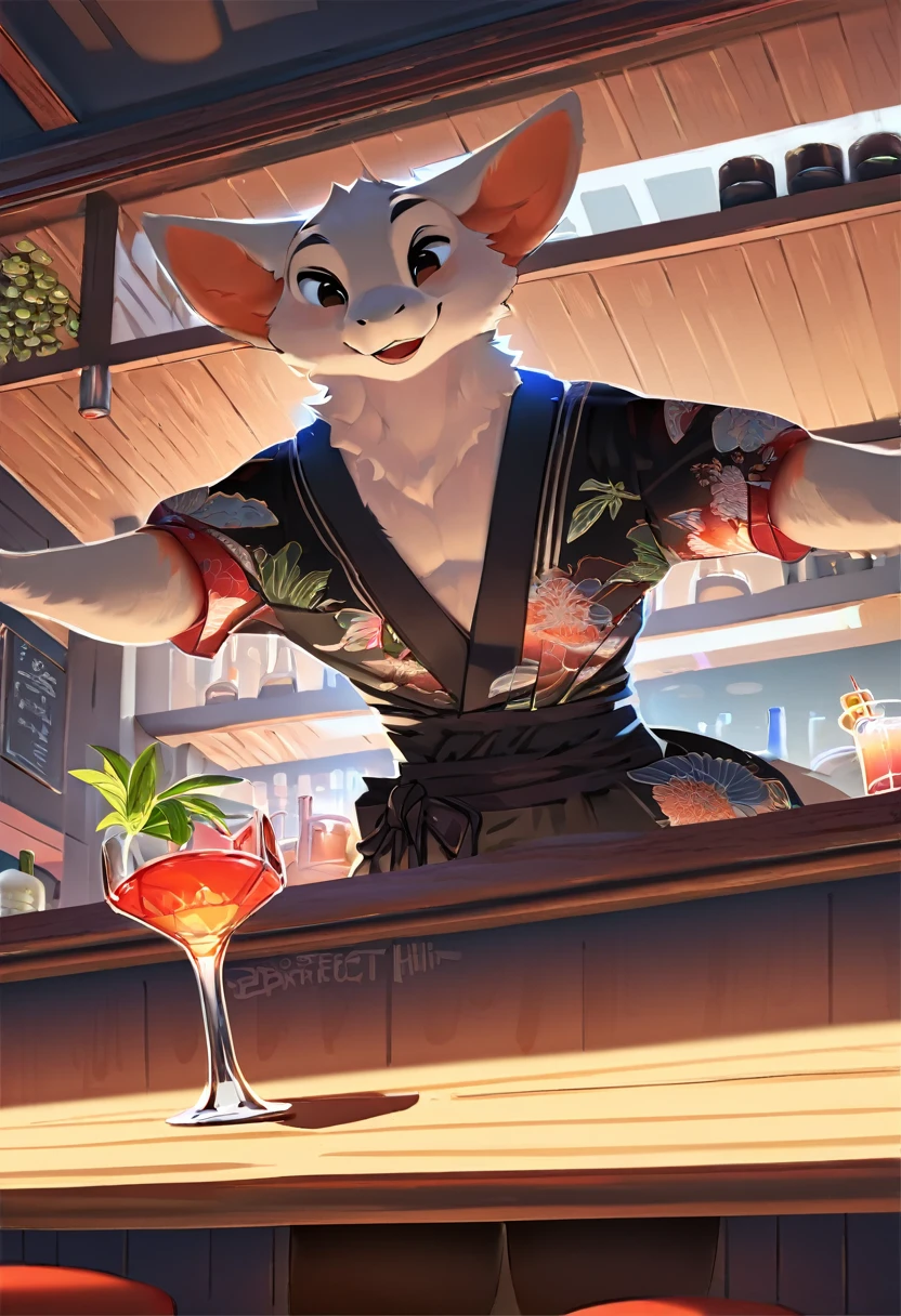 Highest quality, best quality, high quality illustration, Masterpiece, Ultra high resolution, Detailed background, bartender, bar, cocktail, nonsense, perfect anatomy, Expression, good light, movie shadow(Kimono, Furry Anthro)Dynamic angle,