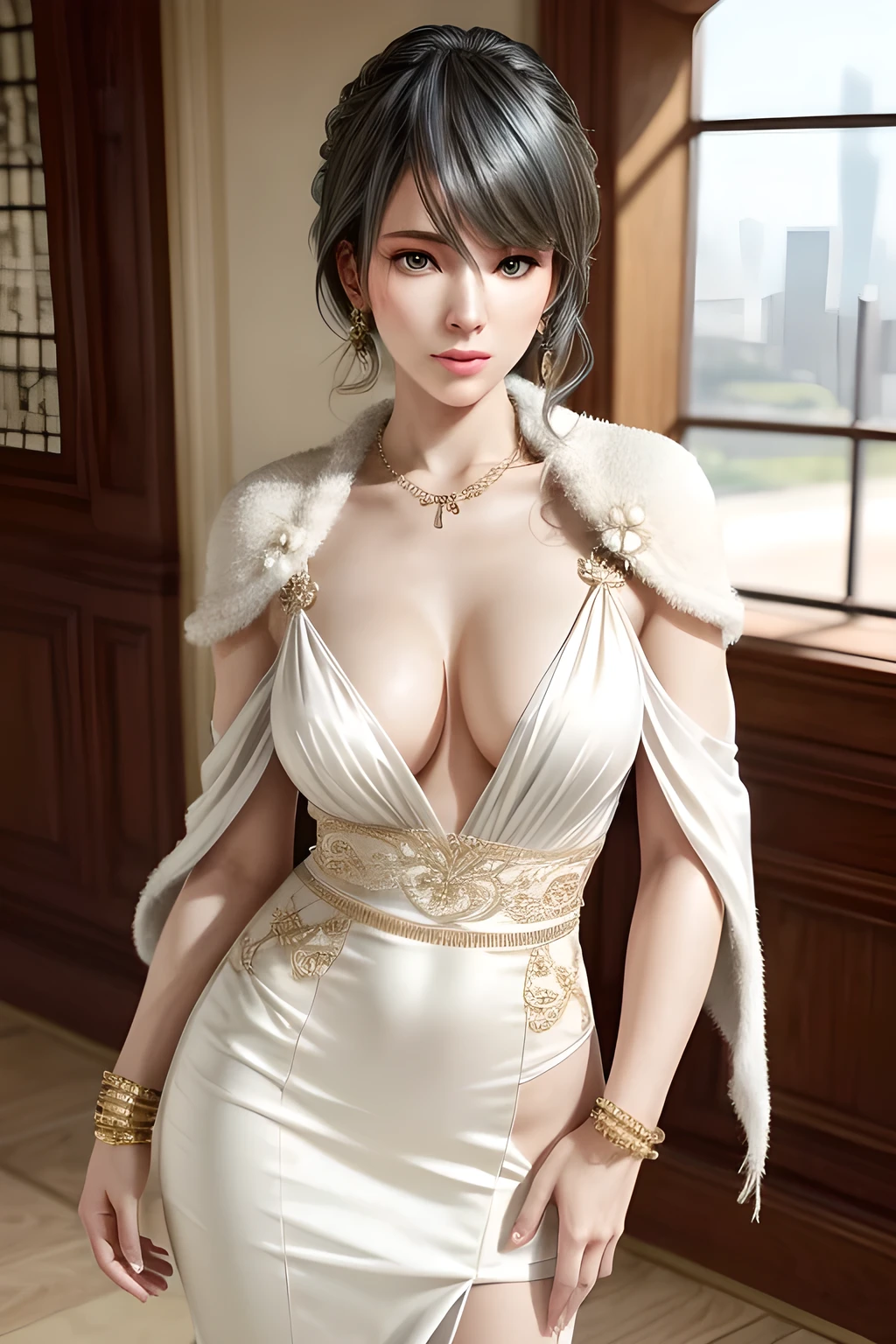 A lady with extraordinary temperament, she stands in a modern indoor space, as if she is a model from a fashion magazine. She is wearing a (pure white long fur cape), the softness and luster of which makes her look more noble under the light, and complements her (beige dress) underneath, showing her gentle temperament while maintaining a sense of fashion. The style of the dress is simple and generous, a perfect match, and it lengthens her figure, making her tall and charming. The lady's makeup is delicate and elegant, which just highlights her facial features and makes people unforgettable at first sight. Although the earrings and necklace she wears are not ostentatious, they add a bit of sophistication and nobility to her overall look. Her hair is casually draped over her shoulders, and every strand of hair exudes a natural luster,, (best quality,8k,highres,masterpiece:1.2),ultra-detailed,(realistic,photorealistic,photo-realistic:1.37),studio lighting,ultra-fine painting,sharp focus,physically-based rendering,extreme detail description,professional,vivid colors