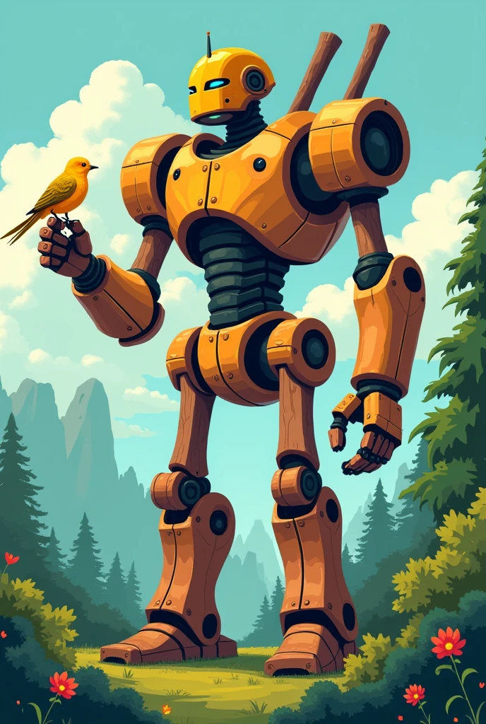 Warforged druid robust wooden trunks rounded esges mech robot with sticks on his shoulders and a yellow bird resting in his hand, he is gentle and conected to nature no and resembles the iron gieny in a way with no hair in the style of flat 2 dimensional disney art style