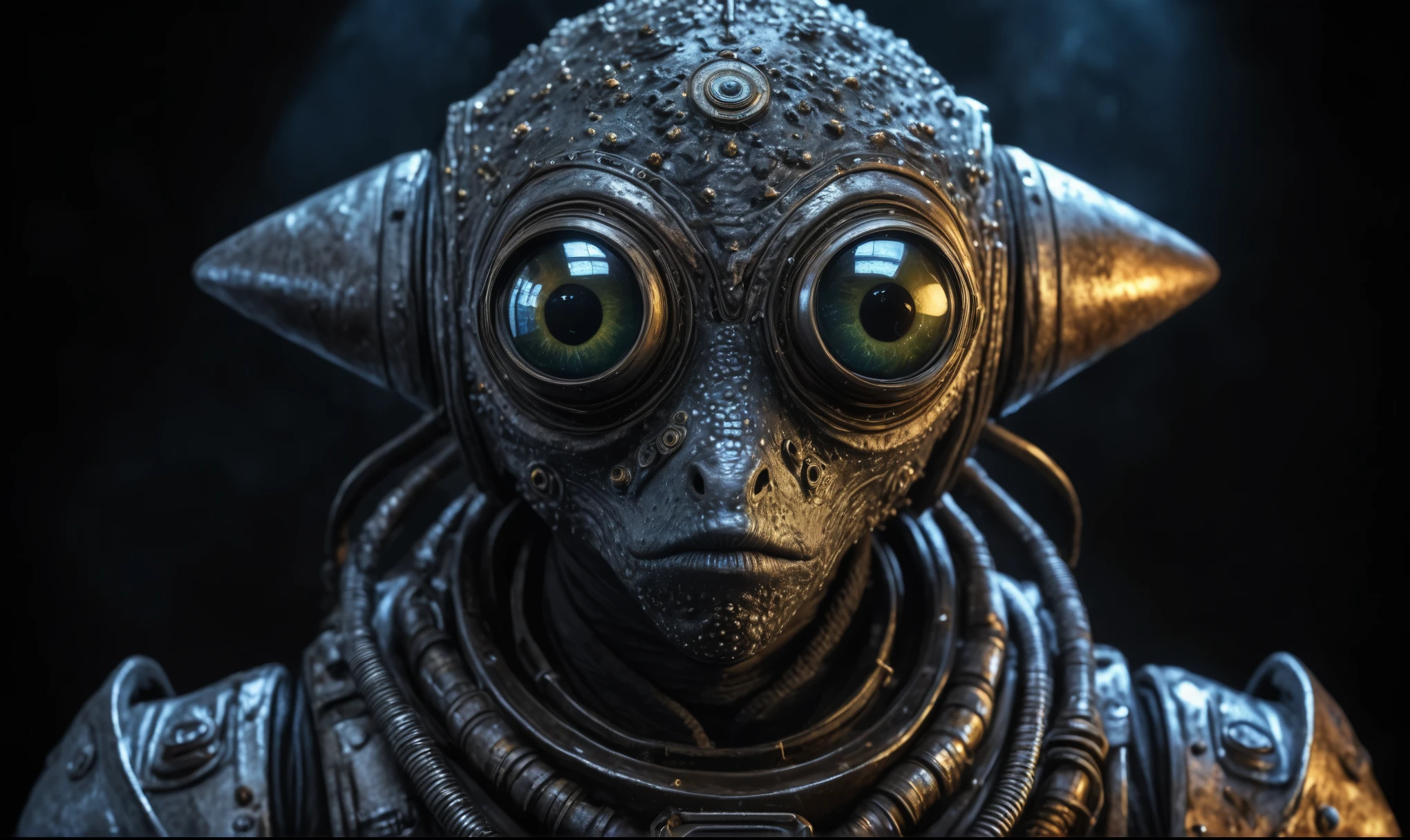 full body length shot,nerd graphite  Alien Entity,native africa slave ,azctec Finnish Lapland,Cinematic,soft colors, Technicolor,natural skin textures, hyper realism, hyper detailed,Extremely detailed,High contrast,Masterpiece,Realistic,Ultra Detailed, intricate details,realistic humid leather,extremely intricate details,Epic Realistic, cinematic style, irina yermolova,high contrast,hdr,extremely detailed, [deep night landscape],masterpiece, intricate details, eyes extremely detailed, high detailed eyes,8k resolution,retina, Nikon Z9,Egypt, Pisces, transition between two worlds,full body length, Double contact, X-ray, Creative, vivid light, fantasy, Abstract, Surrealism, super detailed, high resolution,insanity national folk wear,skin  almost translucent, gothic elements,Mestichino,Light particles,chaos,starfish's leather,"(The best lighting, dark, dramatic), terror.),(fish eyes,  Crazy trooper  Robot from USSR , and helmet Style,  Rusty, Ambient in a meteorite crater super detailed, 
