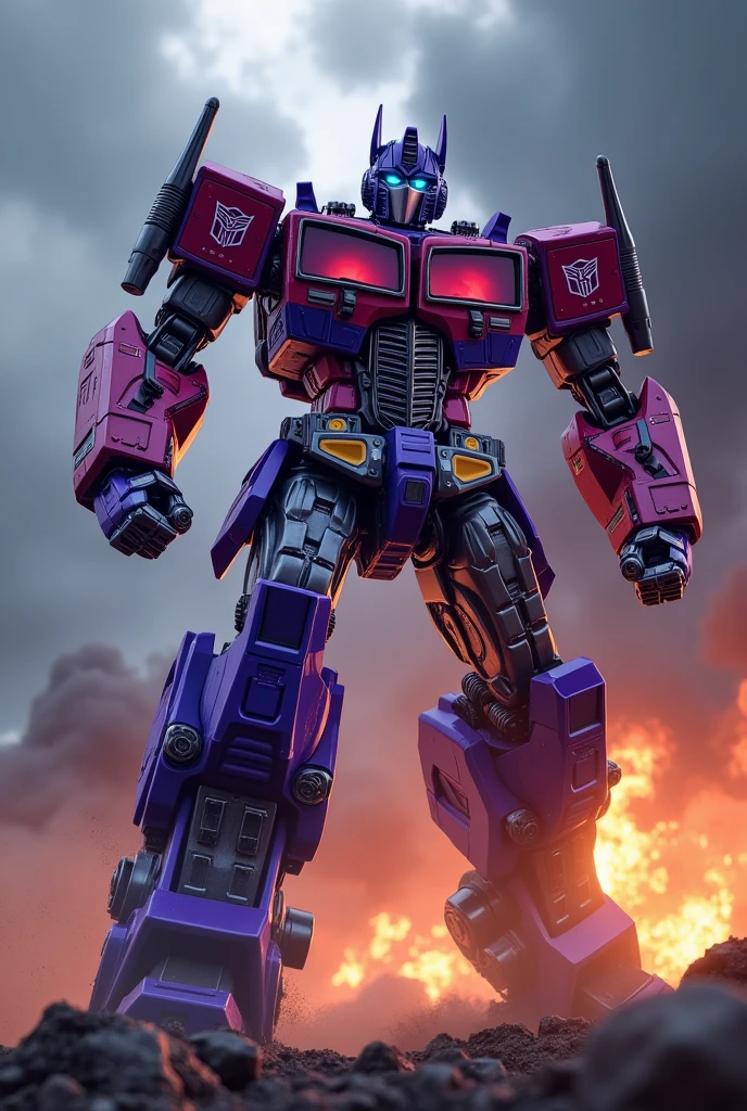 Purple Optimus prime. Nemesis prime, robot warrior, leaping against dark cloudy sky, intense battle background, dynamic explosion effects, cinematic lighting, highly detailed, 8K, (best quality,4k,8k,highres,masterpiece:1.2),ultra-detailed,(realistic,photorealistic,photo-realistic:1.37),epic action scene,dramatic pose,intricate mechanical design,glowing energy,sparks,dust,devastation,cinematic angle,dramatic lighting