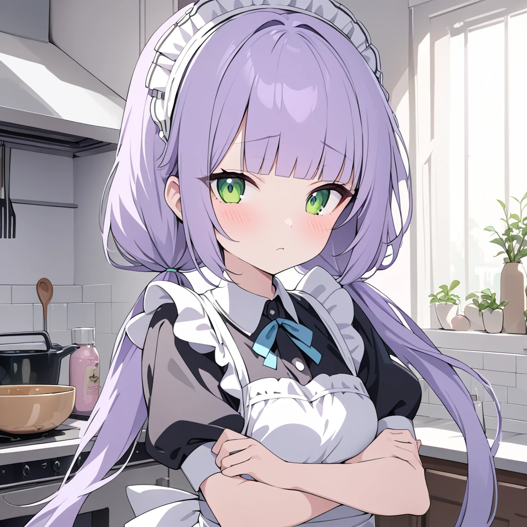 a girl, maid, puzzled, arms crossed, standing, looking at viewer, pale purple hair,low twintails, blunt bangs, green eyes, slim, maid, apron, in the kitchen, kawaii, cute, upper body, masterpiece, best quality, hyper detailed, exquisite, beautiful