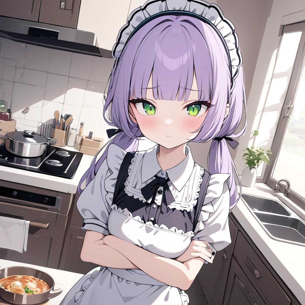 a girl, maid, puzzled, arms crossed, standing, looking at viewer, pale purple hair,low twintails, blunt bangs, green eyes, slim, maid, apron, in the kitchen, kawaii, cute, upper body, masterpiece, best quality, hyper detailed, exquisite, beautiful