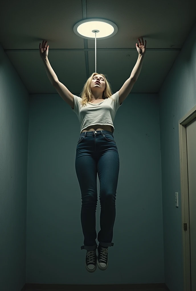 Blonde ager hanged from ceiling wearing jeans and Converse shoes